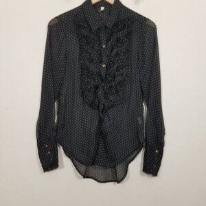 Free People Sheer Polka Dots Long Sleeve Button Up Shirt Top Blouse Black Size S